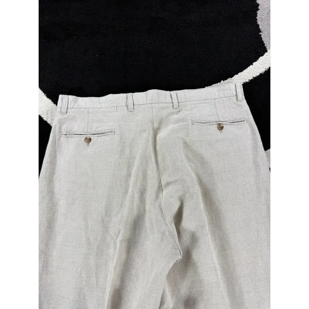 VINTAGE Eddie Bauer Pants Mens 40x30 Cream Linen Blend Beach Pleated Cuffed
